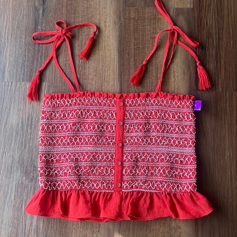 LOST + WANDER BLOODY MARY RED SMOCKED STRAPPY CROP TOP